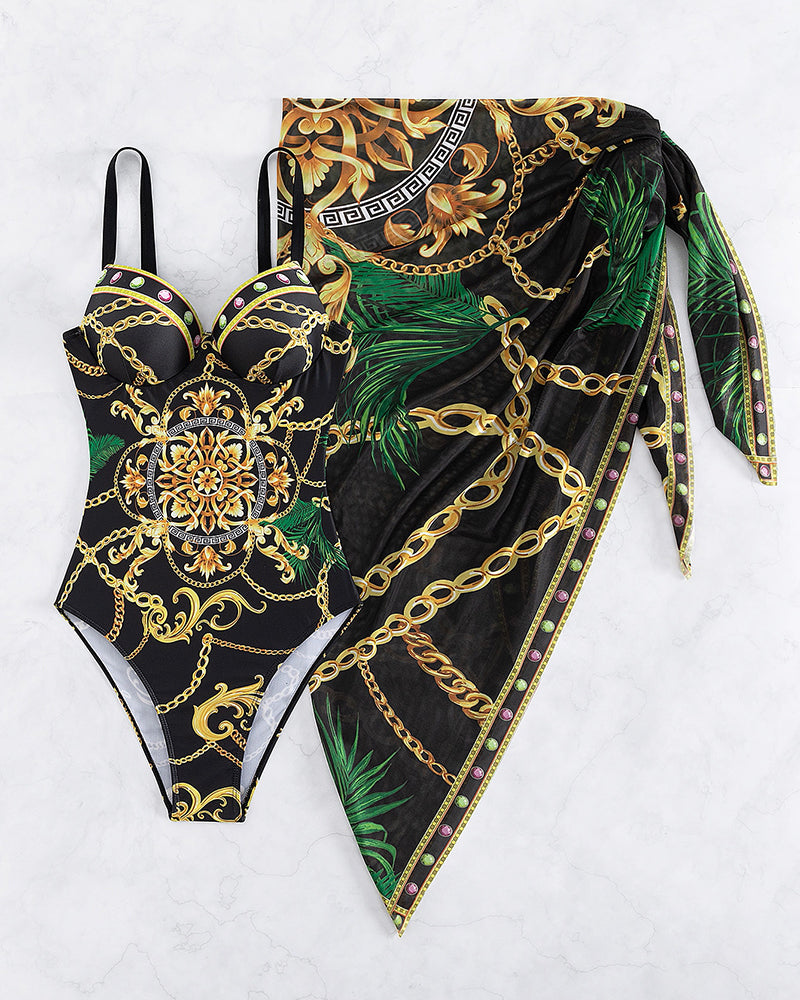Darius - Traje de baño push-up con detalles de cadena decorativa y falda de playa.