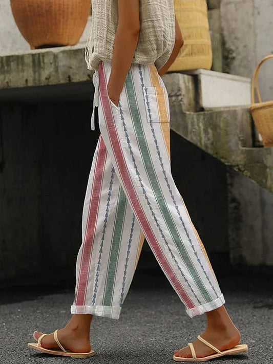 Linda - Pantalones casuales de mujer con estampado de rayas retro y corte de pierna ancha.
