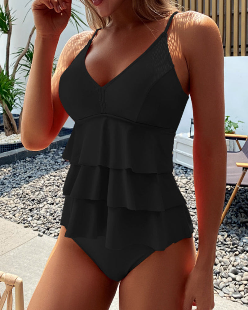 Leta - Traje de baño liso con volantes decorativos