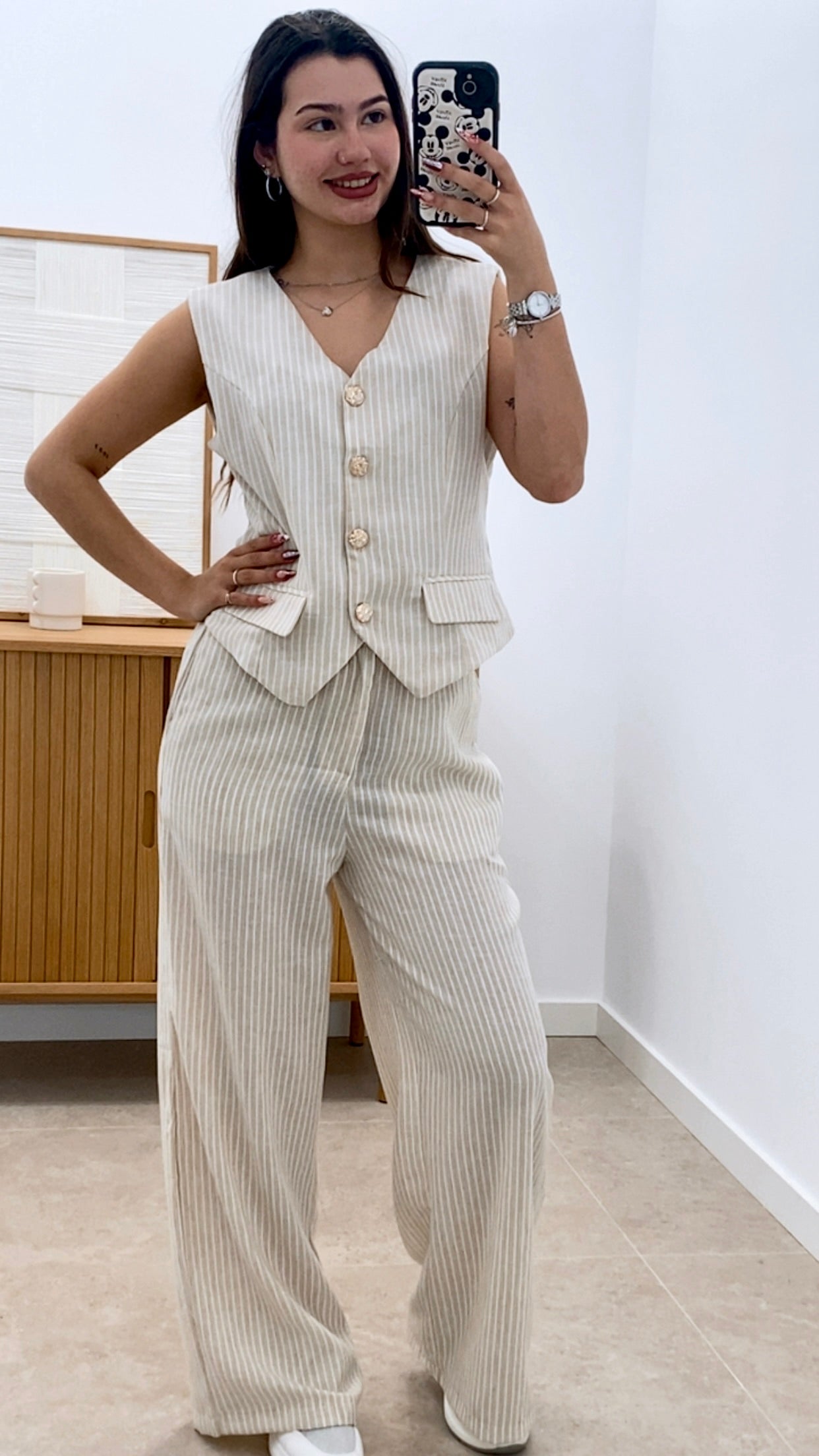 CONJUNTO RAYADO CHALECO CORTO Y PANTALÓN