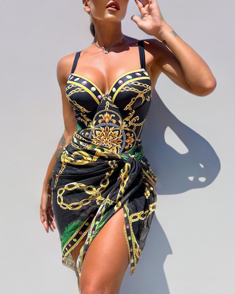 Darius - Traje de baño push-up con detalles de cadena decorativa y falda de playa.