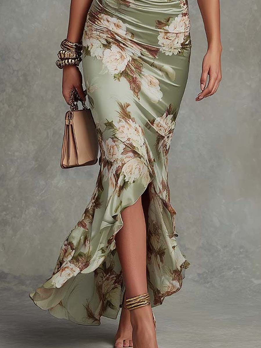 Vestido largo de raso con estampado floral