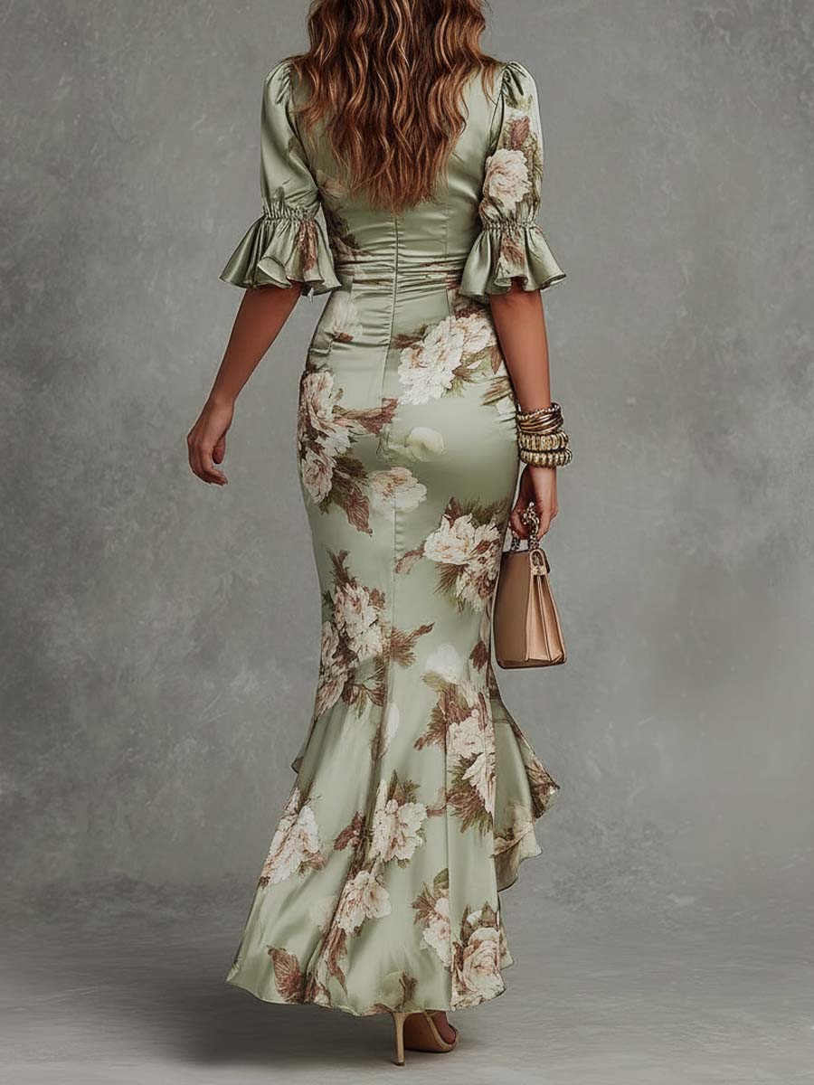 Vestido largo de raso con estampado floral