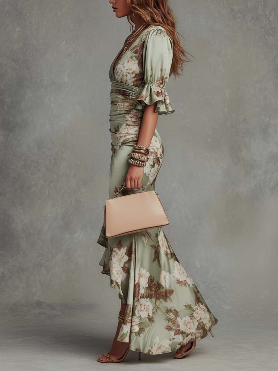 Vestido largo de raso con estampado floral